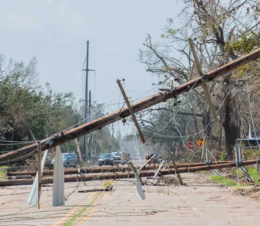 Wooden utility pole fallen in street